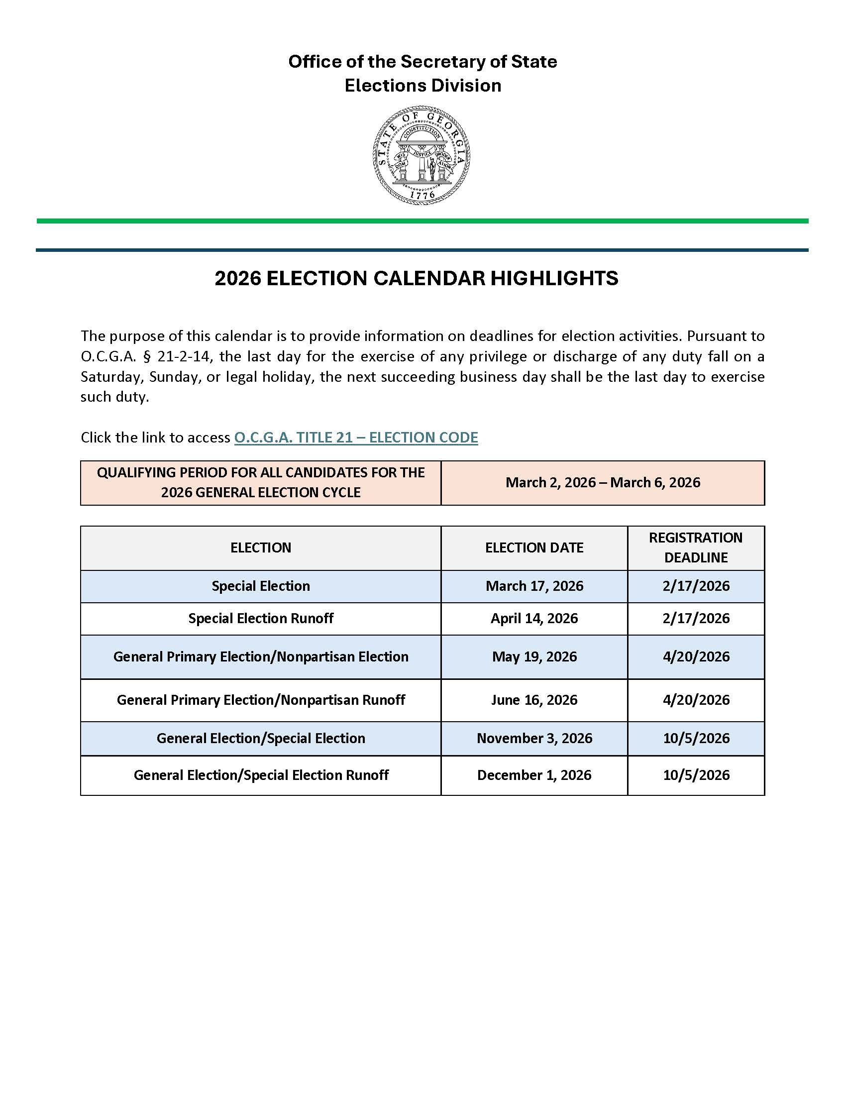 2026 Election Calendar Summary